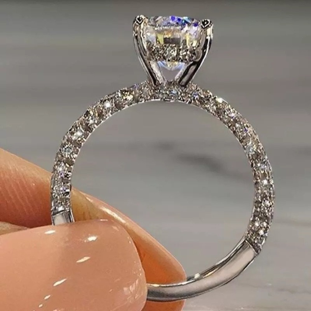 New Sz 6 Silver Cubic Zirconia Solitaire Ring Micro Pave Engagement Promise